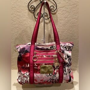 Coach Poppy Rare Graffiti Glam satin double handle zipper tote bag!